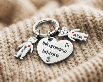 Grandma Gift Personalised Stainless Steel Keyring, Polished Heart With Child Charms