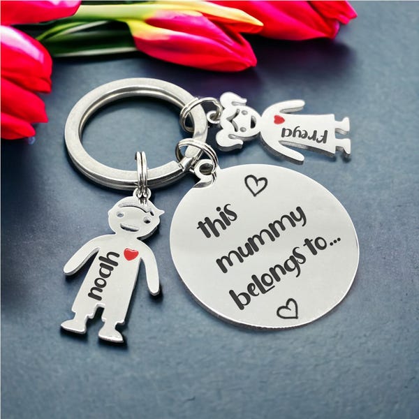 Custom Engraved Keychain, Keyring With Children Charms, Gift for Mum