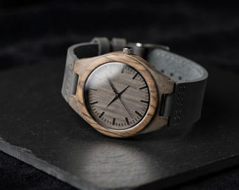 Personalised Walnut Wood Watch, Custom Engraving, Stainless Steel Case and Real Leather Strap