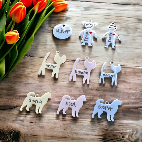 Personalised Children and Pet Charms for Keychains, Mothers Day Gift, Fathers Day Gift, Eched Laser Keyring