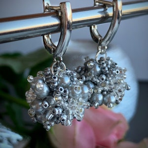 Shaggy ball earrings, Dangle Shiny Earrings, Artisan earrings, Grey and silver earrings