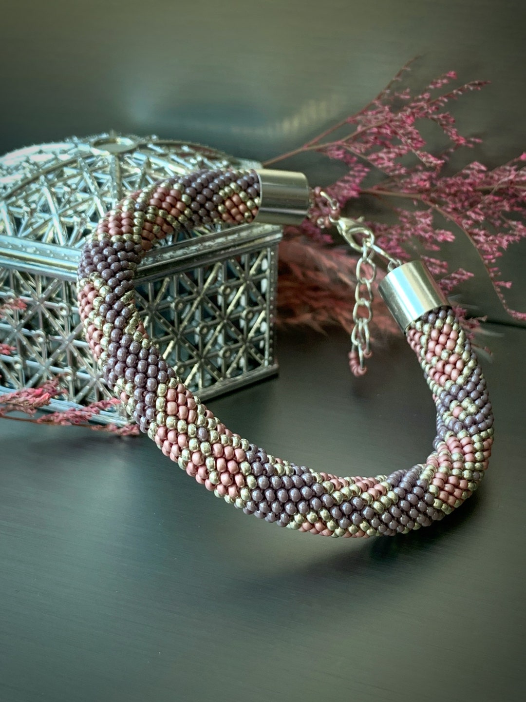 Handwoven Beaded Rope Bracelet: Ash Rose Floral Print - Etsy