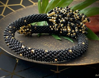 Black and Gold Snake bracelet , Stylish Beaded Rope bracelet, Shiny Snake Serpent chunky bracelet, Open memory wire