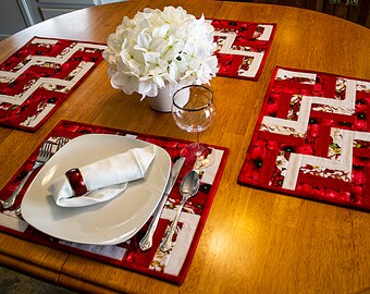 PLACEMATS, HANDMADE, QUILTED - All Occasion, Brilliant Red Florals with Ivory contrast, Perfect for many seasons or celebrations!