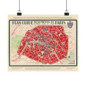 Alte Paris Kartenreproduktion, Vintage Karte der Pariser Denkmäler, Reproduktion der originalen französischen Karte, besetztes Frankreich von 1942