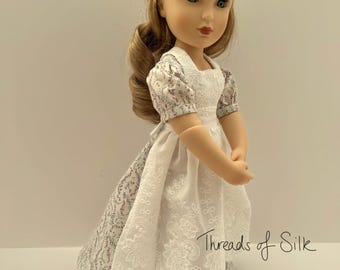 Regency Cotton Lawn Gown with Embroidered Apron – For 16‑Inch Dolls
