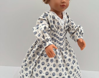 Victorian Fan‑Front Doll Dress – Blue Floral Cotton – One‑of‑a‑Kind Collector Outfit