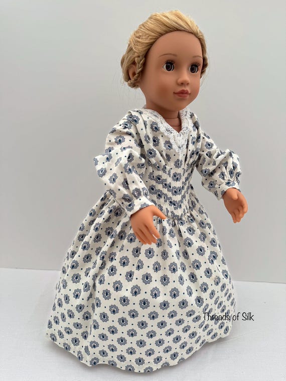 Victorian Fan‑Front Doll Dress – Blue Floral Cotton – One‑of‑a‑Kind Collector Outfit