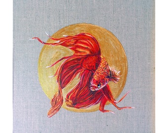 Fish Betta Red Original Painting Abstract Fish ArtWork 30 por 30 cm / 12 por 12 in Acrylic On Linen Canvasboard Art For Gift Por Filipchenko V.