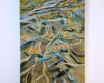 水中の魚。オリジナルアート。キャンバスに油彩。インパスト画