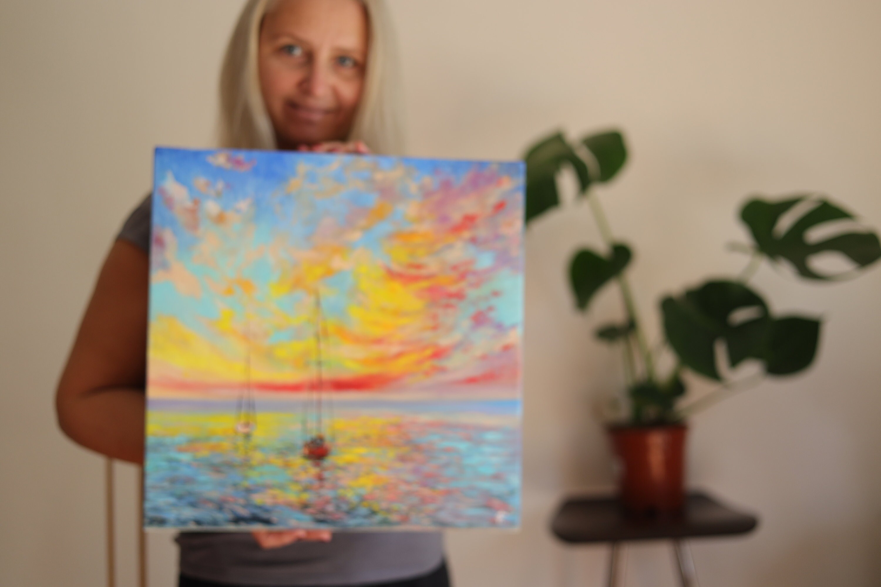 Bright Colors Sunset Painting Sailboat in Ocean Painting Oil on Canvas ...