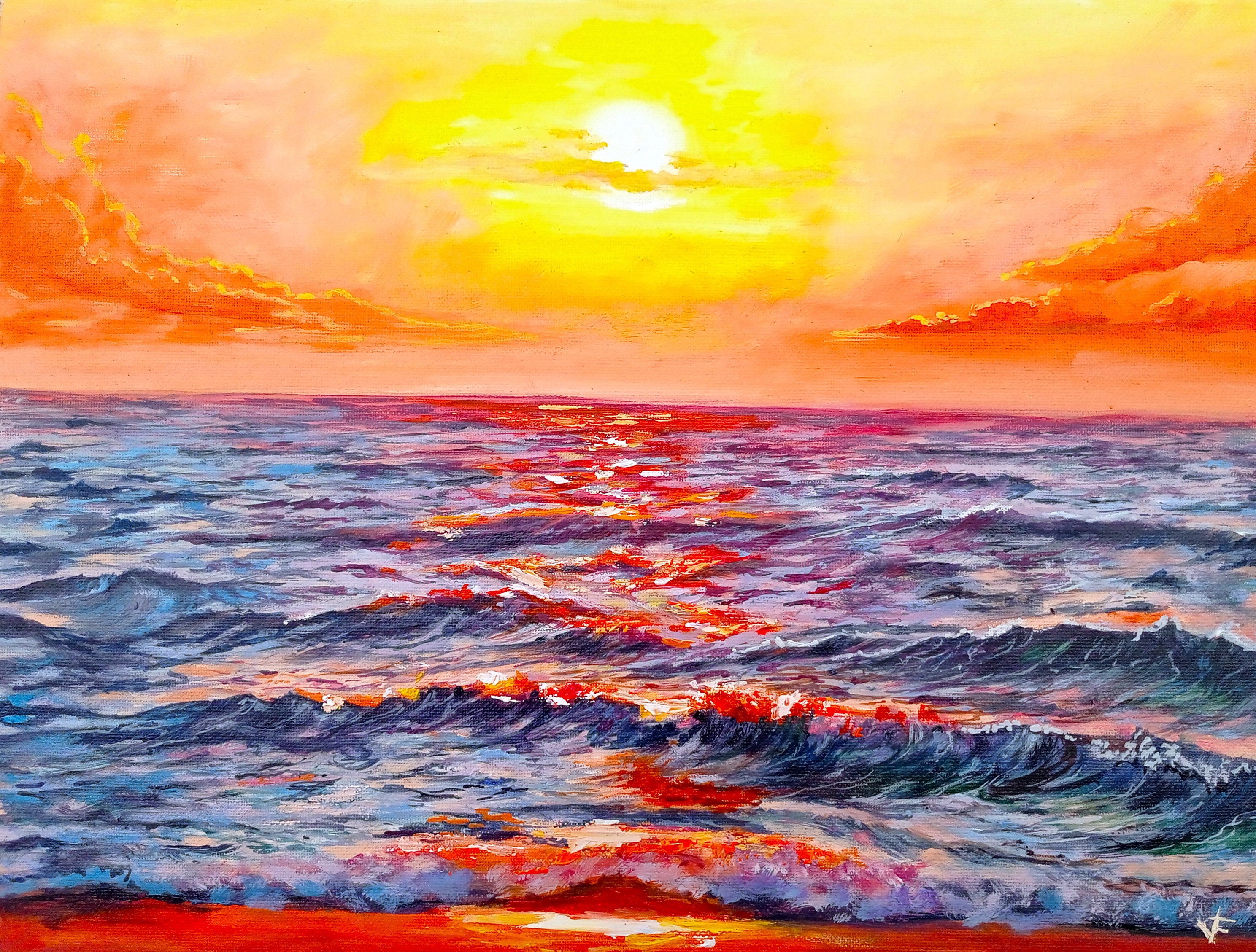 Be The Light - Original Realistic Sunset over the Ocean Painting oil on  round 20 canvas