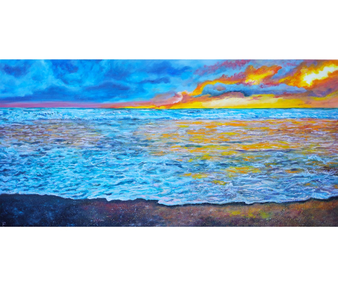 Sunset Sky on Ocean Seascape Painting Original Oil on Canvas Artwork 39 ...