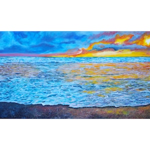 Zonsonderganghemel op oceaanzeegezicht die originele olieverfschilderij op canvaskunstwerk 39,5&quot; door 20&quot;/ 100 door 50 Cm Fine Art door Filipchenko Viktoriya schilderen.