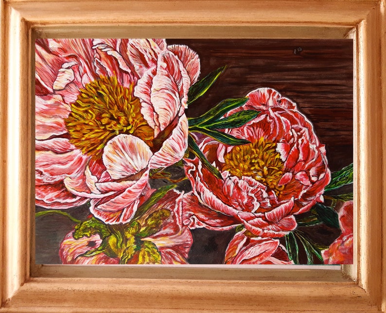 May include: A painting of pink peonies with yellow centers, set against a dark brown background. The flowers are arranged in a cluster, with their petals overlapping and creating a sense of depth. The painting is done in a realistic style, with attention to detail in the texture of the petals and the leaves.