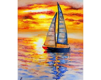 Yate al atardecer en el océano, pintura de paisaje marino, pintura al óleo original sobre lienzo, 24 x 18 cm (9,5 x 7 pulgadas), arte de pared para regalo.