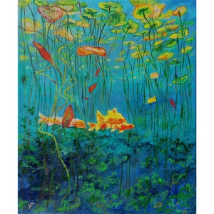 Abstract Fish Painting On Canvas Original Marine Artwork Blue