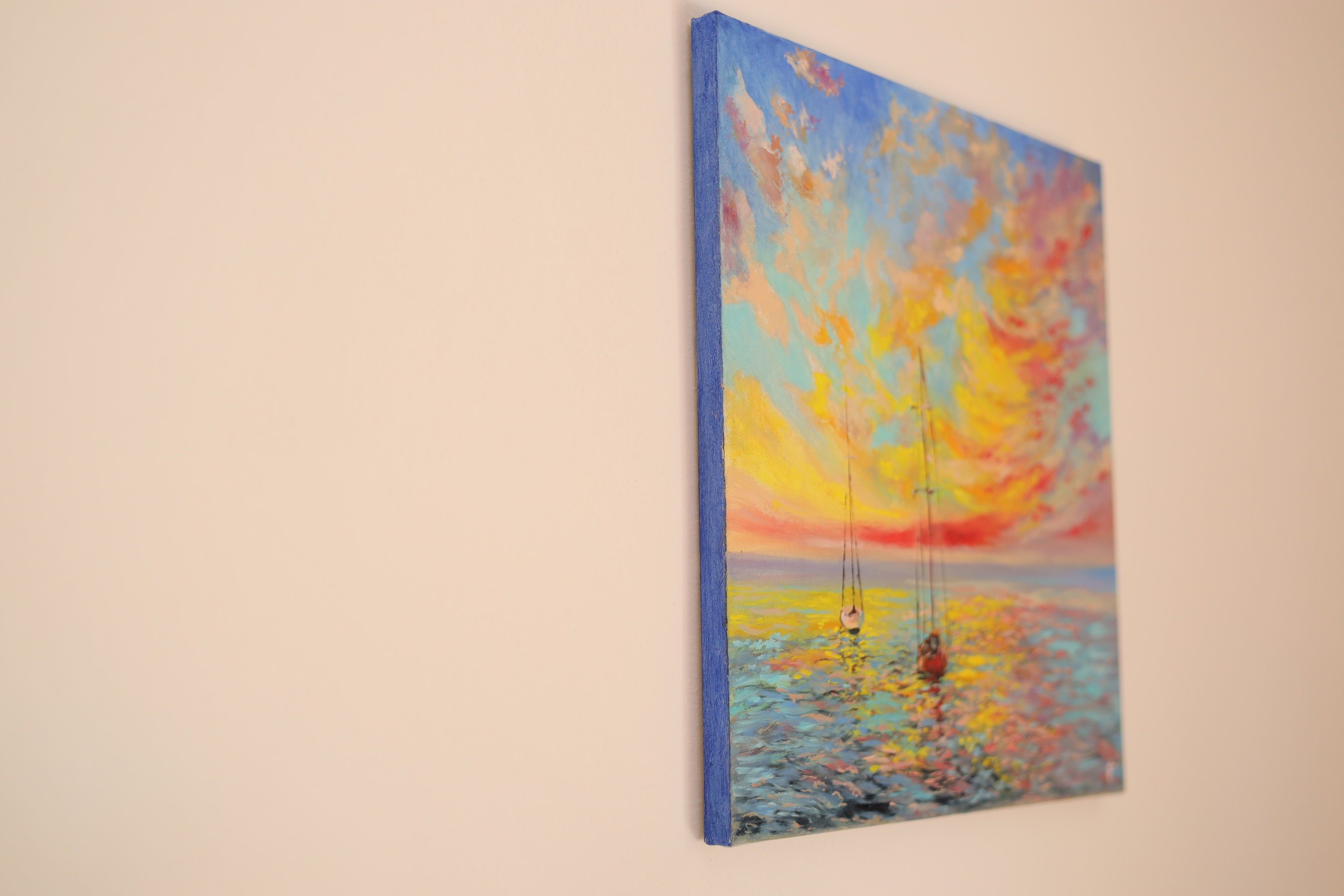 Bright Colors Sunset Painting Sailboat in Ocean Painting Oil on Canvas ...