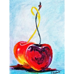 Couple Of Cherry Painting Original Oil On Canvas Cardboad Small Artwork Fruit Food Painting 7 By 9.5 Inches / 18 by24 cm Kitchen Wall Art.