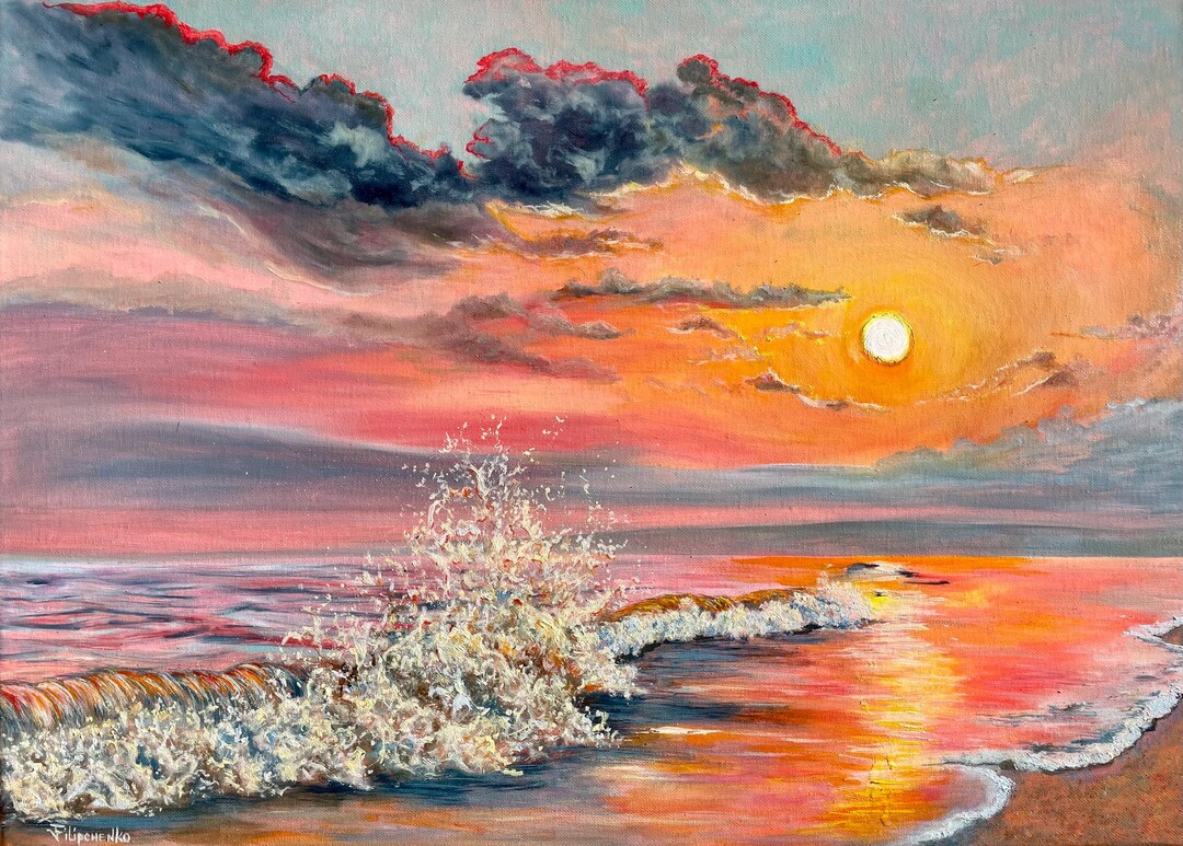 Sunset Seascape Original Oil on Canvas Painting Fine Art Marine Wall ...
