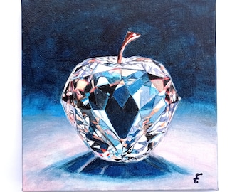 Diamond Apple Food Painting Original Acrylic Painting On Canvas Miniature Artwork 8 by 8 Inches (20 by 20 cm) Wall Fine Art By Filipchenko V