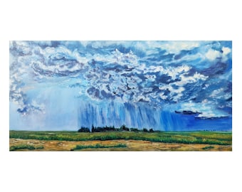 Rain Storm Painting Original Artwork Oil On Canvas Landscape  for Gift or Interior Decor Fine Art  18 by 32 inches Wall Art