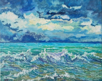 Stormy Sea Painting Seascape Original Oil Painting On Canvas Painting 10 by 12 inches / 24 by 30 cm Original Wall Art  For Gift