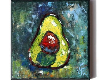 アボカドの絵画、アボカドのオリジナル静物油絵、8x8インチの