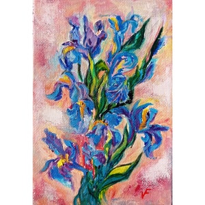 Iris Painting Original Impasto Artwork Yellow Flower painting, Óleo sobre lienzo sobre cartón 4 por 6 pulgadas Pequeña idea de regalo de arte de pared