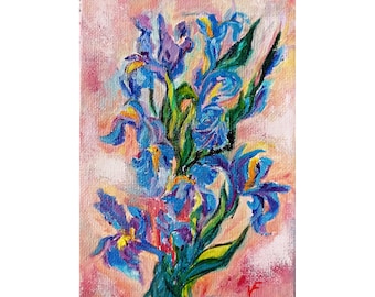 Iris Painting Original Impasto Artwork Yellow Flower painting, Oil On Canvas On Cardboard 4 By 6 Inches Small Wall Art Gift Idea