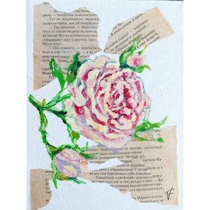 Pintura de flores de rosas Arte de pared floral original Flor en hoja de letras Óleo sobre panel de lienzo 6 "por 8" pulgadas / 15 x 20 cm Arte de pared pequeño para regalo.