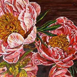 May include: A painting of three pink peonies with yellow centers, set against a dark brown background. The peonies are in full bloom and have a soft, delicate texture.