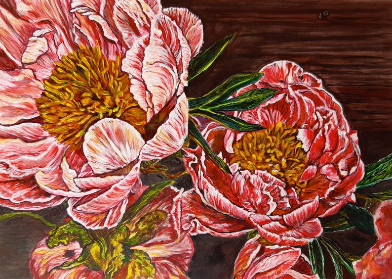 May include: A painting of three pink peonies with yellow centers, set against a dark brown background. The peonies are in full bloom and have a soft, delicate texture.