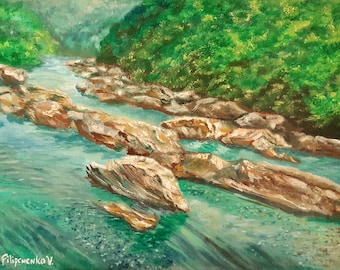 Forest River Art ORIGINAL, Vintage Nature Oil Painting Waterscape