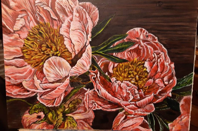 May include: A painting of pink peonies with yellow centers on a dark brown background. The peonies are in full bloom and have a soft, delicate texture.