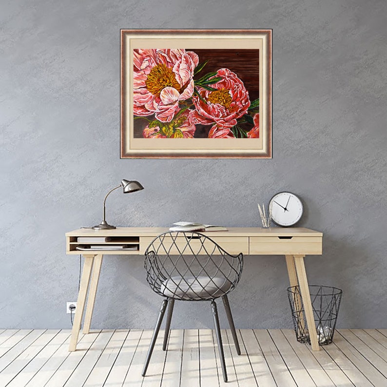 May include: A framed painting of pink peonies with green leaves on a dark brown background.