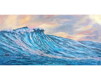 Ocean Wave On Sunset Painting Abstract Original Acrylic Artwork 100 By 40 Cm / 39.5 By 16 Inches Canvas Wall Art By Filipchenko Viktoriya.