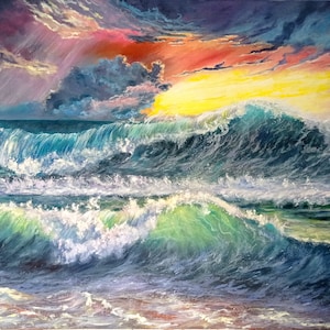 Stormy Ocean Wave Painting Original Oil On Canvas Artwork 20 by 27 inches / 50 by 60 cm Seascape Wall Art By Filipchenko Viktoriya.