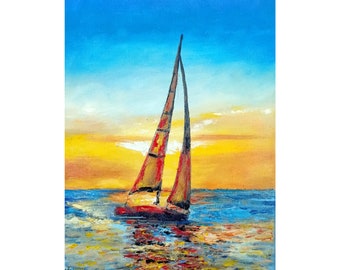 Velero en la puesta del sol Océano Pintura Paisaje marino Pintura al óleo original sobre lienzo 9,5 por 7 pulgadas / 24 por 18 cm Bellas artes para regalo Arte de la pared