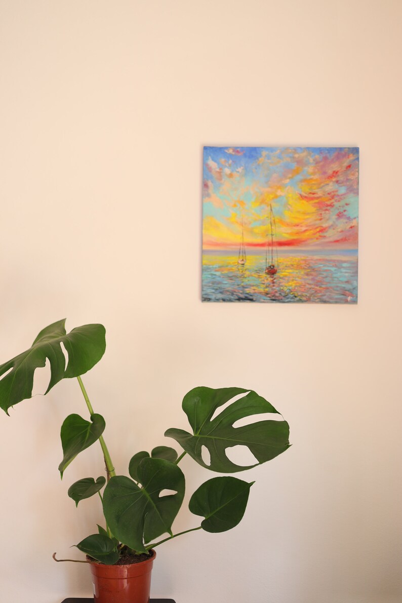 Bright Colors Sunset Painting Sailboat in Ocean Painting Oil on Canvas ...