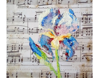 Iris Flowers Painting Red Floral  Miniature Artwork Original Oil Impasto On Panel 6 by 6 inches / 15 by 15 Cm