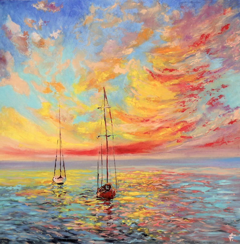 Bright Colors Sunset Painting Sailboat in Ocean Painting Oil on Canvas ...
