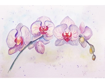 Orchid Painting Watercolor Floral Still Life 100% Handmade Painting 9.5 by 13 Inches / A 4 Wall Art To Order  By Viktoriya Filipchenko