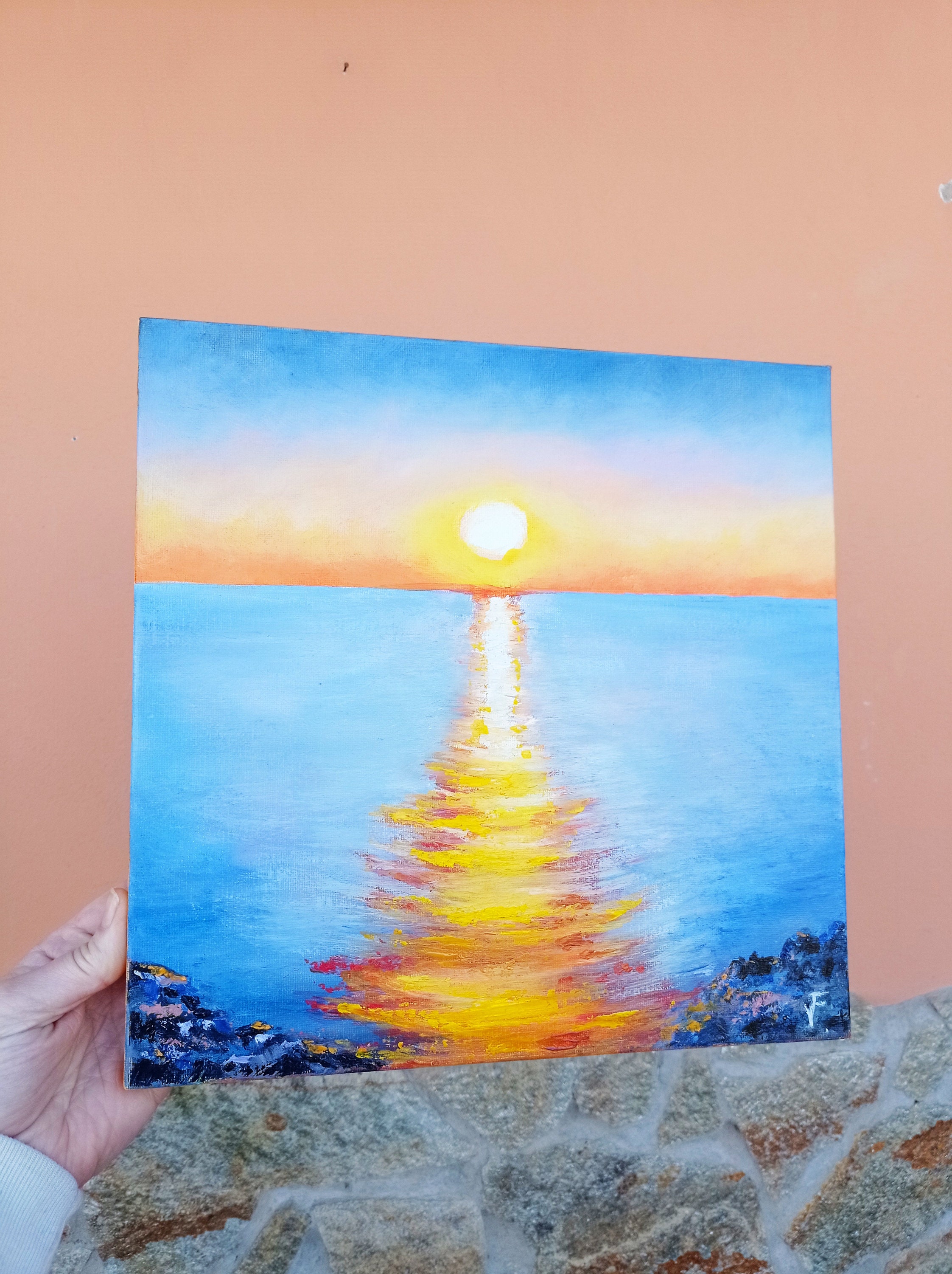 Coucher de soleil mer peinture paysage marin ciel coloré oeuvre ...