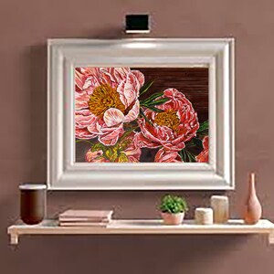 May include: A framed painting of pink peonies with green leaves on a dark brown background.