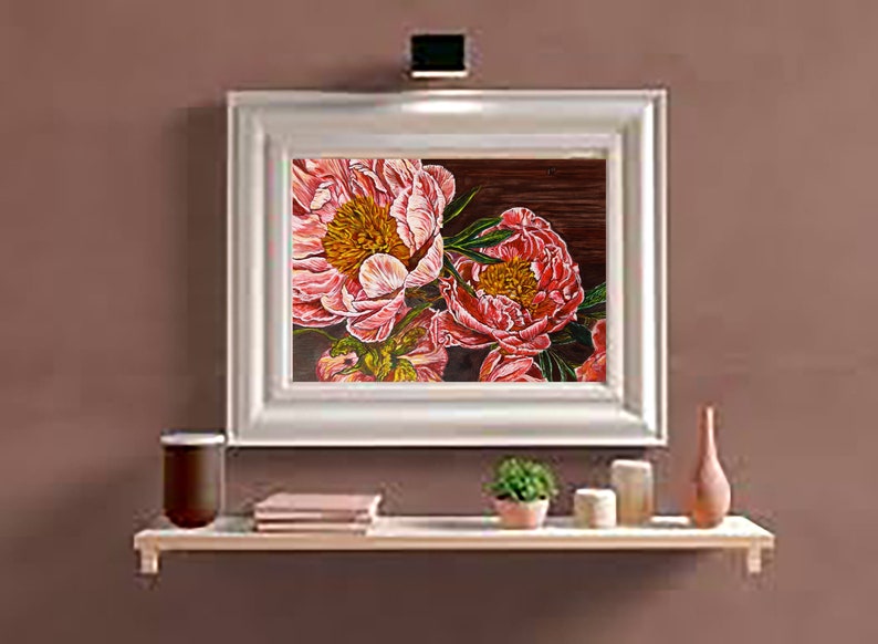 May include: A framed painting of pink peonies with green leaves on a dark brown background.