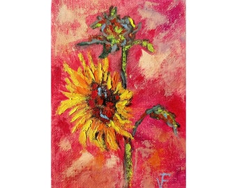Yellow Sunflower Painting Original Impasto Artwork Yellow Flower painting, Oil On Canvas On Cardboard 4 By 6 Inches Small Wall Art Gift Idea