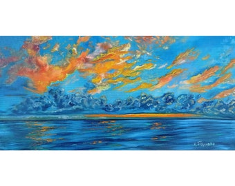 May include: An oil painting depicts a seascape with a vibrant sunset. The sky is a mix of blue, orange, and yellow hues, with clouds reflecting the warm colors. The ocean below mirrors the sky's colors, creating a serene and colorful landscape.