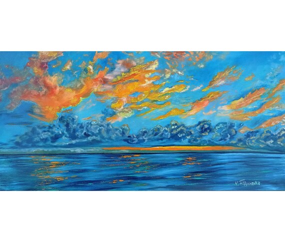 夕焼け 油絵 空 油絵 油彩 油彩画 絵 絵画 夕焼けの海 A4 HIROSHI1990