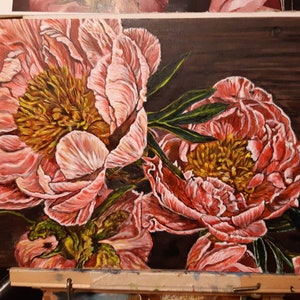 May include: A painting of pink peonies with yellow centers on a dark brown background. The peonies are in full bloom and have a soft, delicate texture.